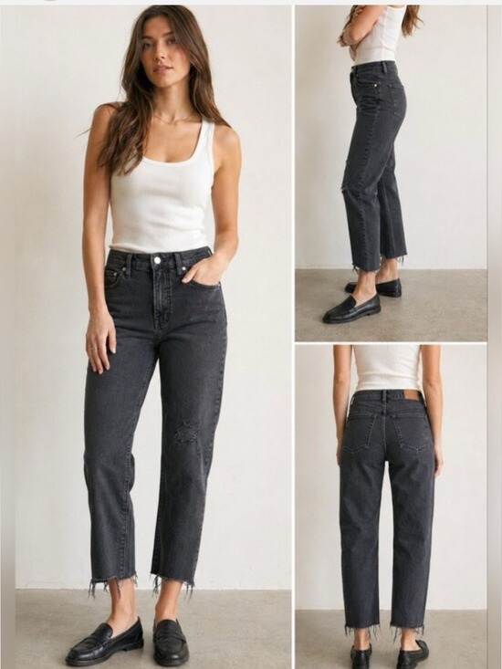 Madewell Denim - Madewell High Rise Black Distressed Straight Leg Jeans The Perfect Vintage Jean